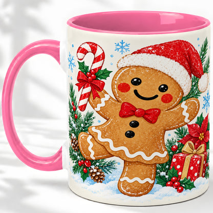 #pl[11oz|Pink] Christmas Gingerbread Man Accent Mug, Ceramic Cup with Candy Cane