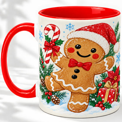 Christmas Gingerbread Man Accent Mug, Ceramic Cup with Candy Cane