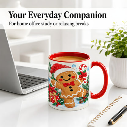 #pl[11oz|Red] Christmas Gingerbread Man Accent Mug, Ceramic Cup with Candy Cane