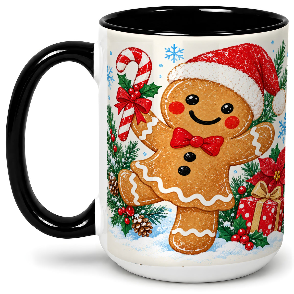#pl[15oz|Black] Christmas Gingerbread Man Accent Mug, Ceramic Cup with Candy Cane