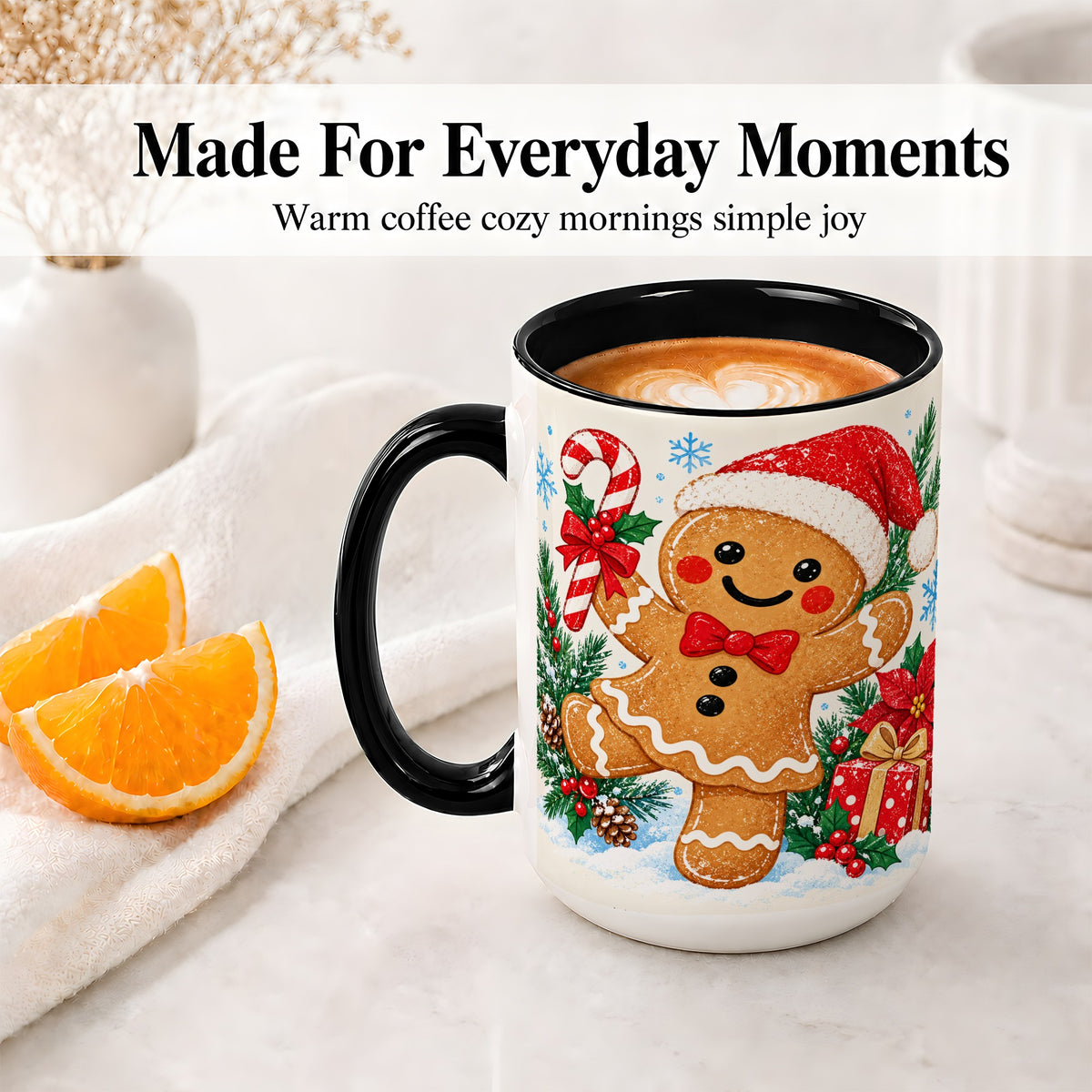 #pl[15oz|Black] Christmas Gingerbread Man Accent Mug, Ceramic Cup with Candy Cane