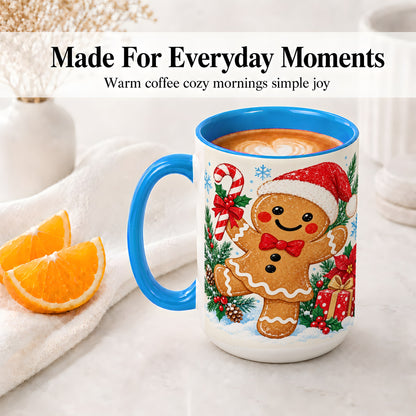#pl[15oz|Blue] Christmas Gingerbread Man Accent Mug, Ceramic Cup with Candy Cane