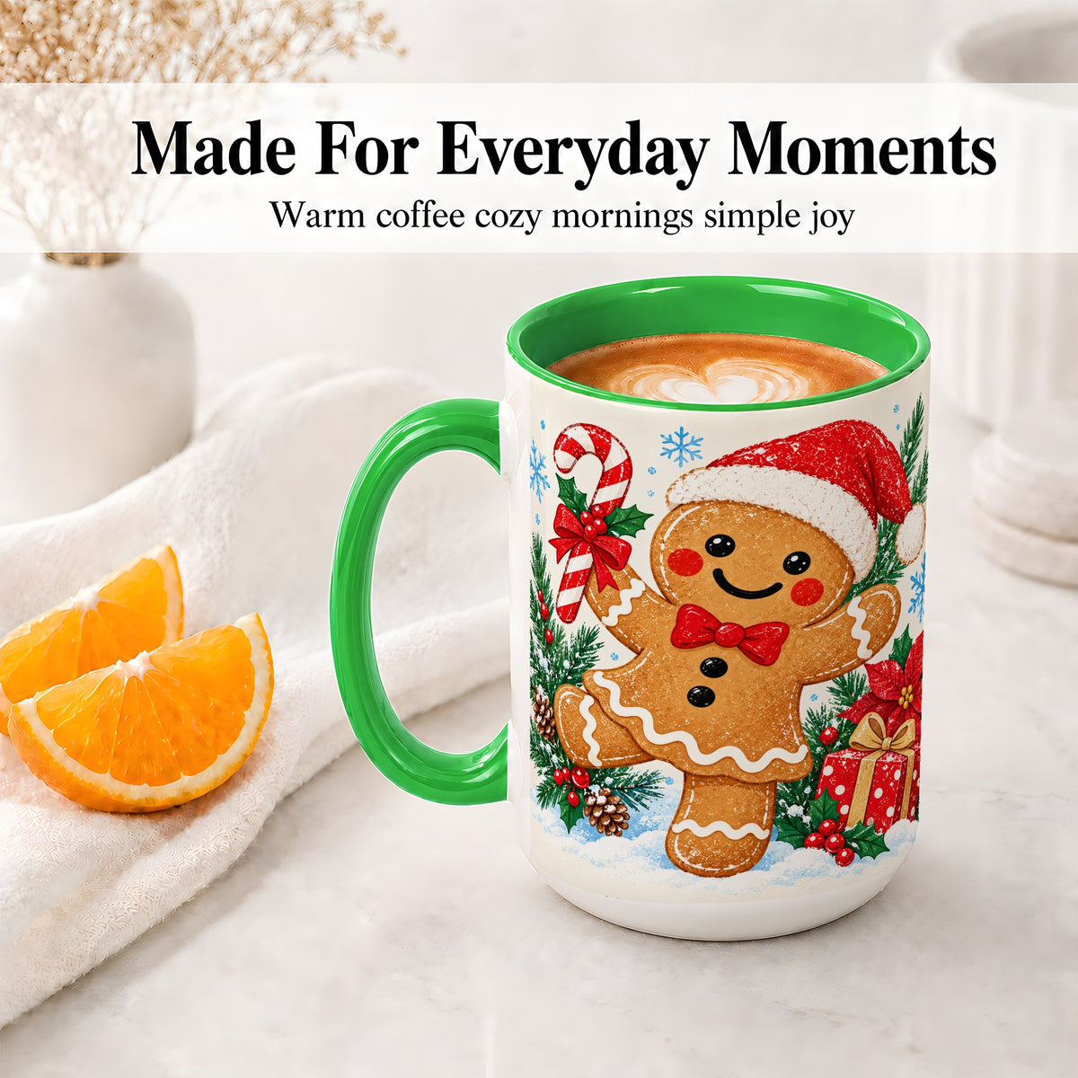 #pl[15oz|Green] Christmas Gingerbread Man Accent Mug, Ceramic Cup with Candy Cane