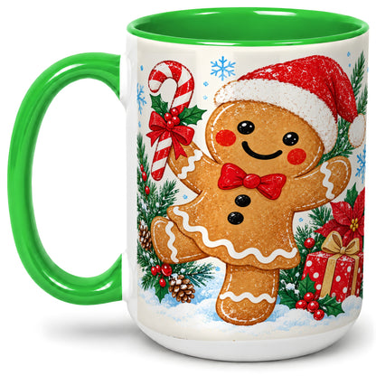 #pl[15oz|Green] Christmas Gingerbread Man Accent Mug, Ceramic Cup with Candy Cane