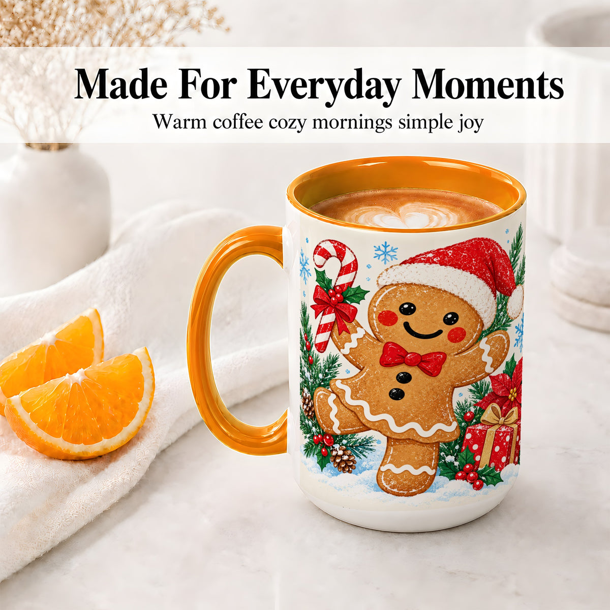#pl[15oz|Orange] Christmas Gingerbread Man Accent Mug, Ceramic Cup with Candy Cane