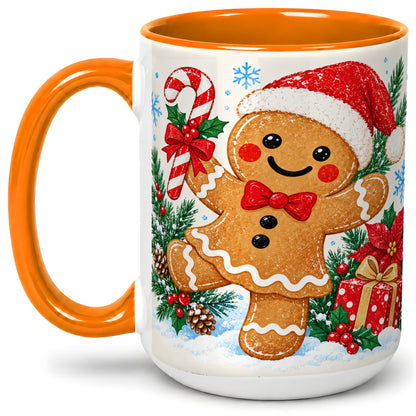 #pl[15oz|Orange] Christmas Gingerbread Man Accent Mug, Ceramic Cup with Candy Cane