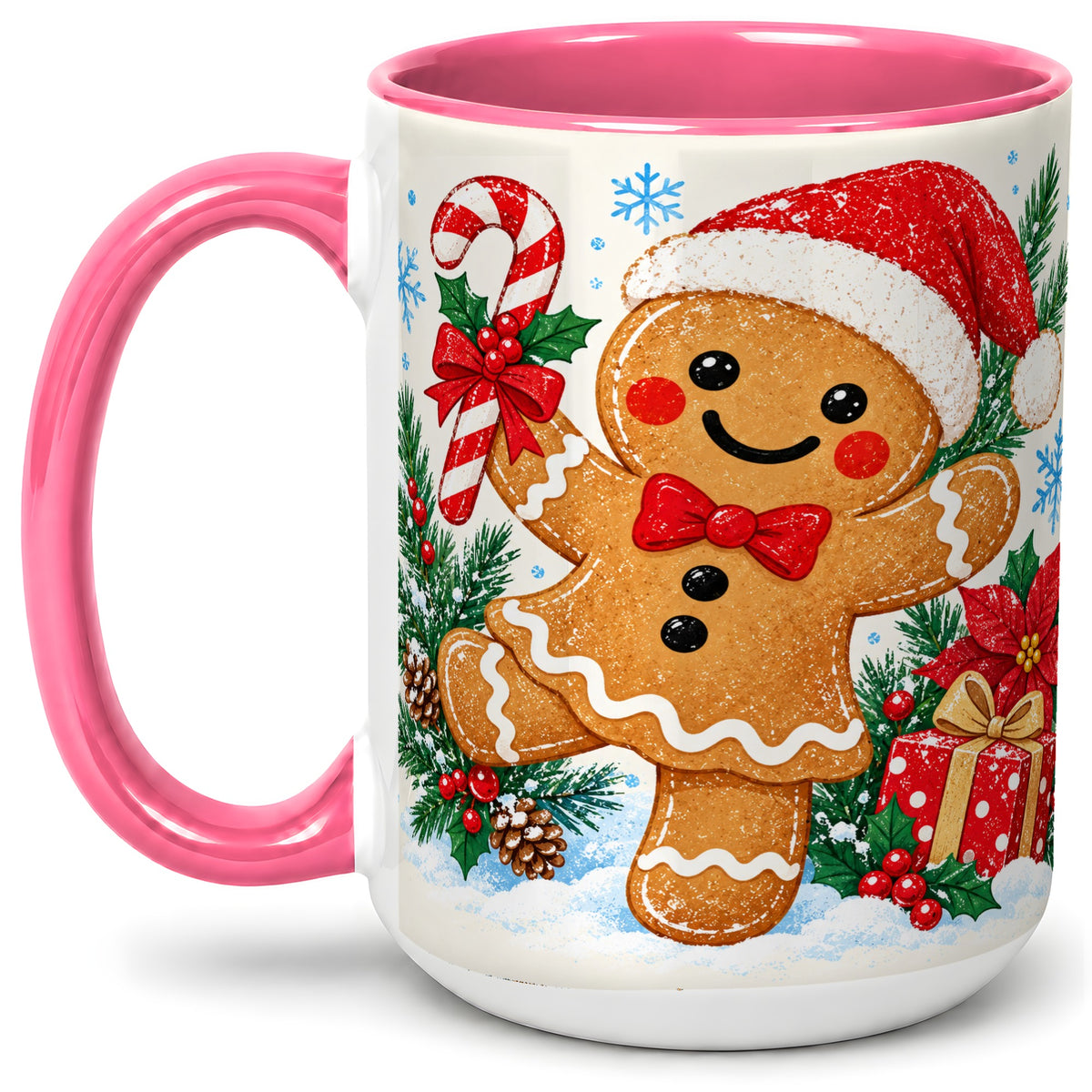 #pl[15oz|Pink] Christmas Gingerbread Man Accent Mug, Ceramic Cup with Candy Cane