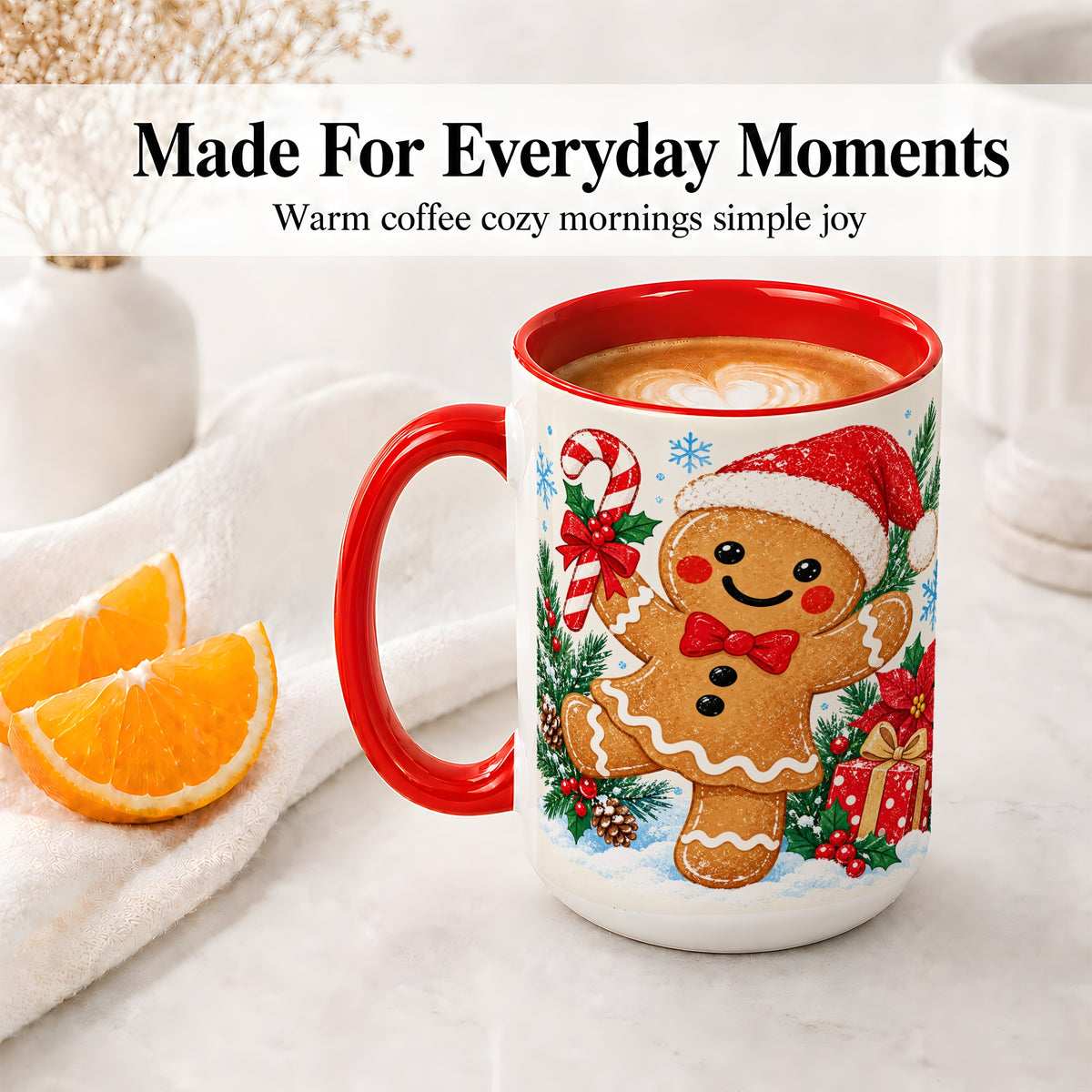 #pl[15oz|Red] Christmas Gingerbread Man Accent Mug, Ceramic Cup with Candy Cane