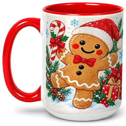 #pl[15oz|Red] Christmas Gingerbread Man Accent Mug, Ceramic Cup with Candy Cane