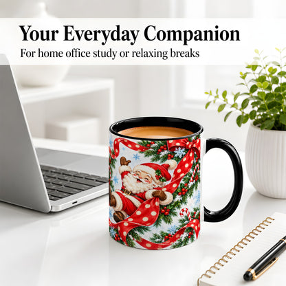 #pl[11oz|Black] Jolly Santa Claus Accent Mug, Ceramic Cup with Red Polka Dot Bow