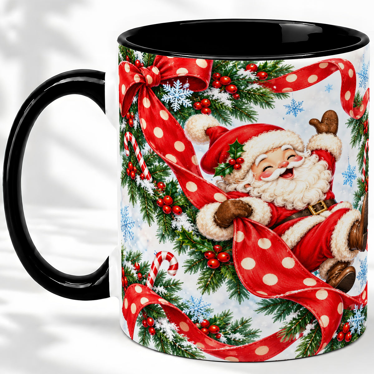 #pl[11oz|Black] Jolly Santa Claus Accent Mug, Ceramic Cup with Red Polka Dot Bow