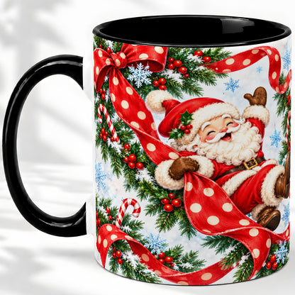 #pl[11oz|Black] Jolly Santa Claus Accent Mug, Ceramic Cup with Red Polka Dot Bow
