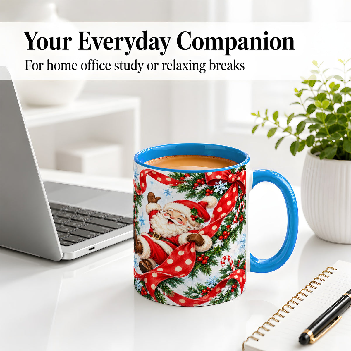 #pl[11oz|Blue] Jolly Santa Claus Accent Mug, Ceramic Cup with Red Polka Dot Bow