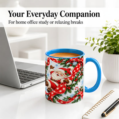 #pl[11oz|Blue] Jolly Santa Claus Accent Mug, Ceramic Cup with Red Polka Dot Bow