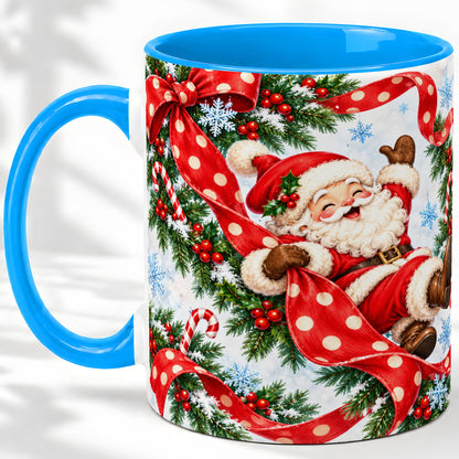 #pl[11oz|Blue] Jolly Santa Claus Accent Mug, Ceramic Cup with Red Polka Dot Bow