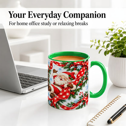 #pl[11oz|Green] Jolly Santa Claus Accent Mug, Ceramic Cup with Red Polka Dot Bow
