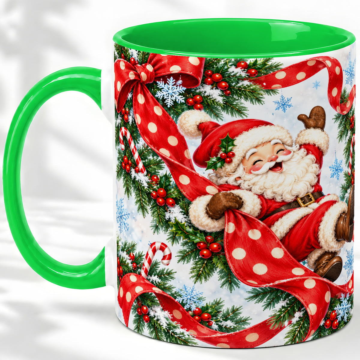 #pl[11oz|Green] Jolly Santa Claus Accent Mug, Ceramic Cup with Red Polka Dot Bow