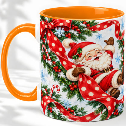 #pl[11oz|Orange] Jolly Santa Claus Accent Mug, Ceramic Cup with Red Polka Dot Bow