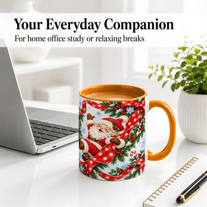 #pl[11oz|Orange] Jolly Santa Claus Accent Mug, Ceramic Cup with Red Polka Dot Bow