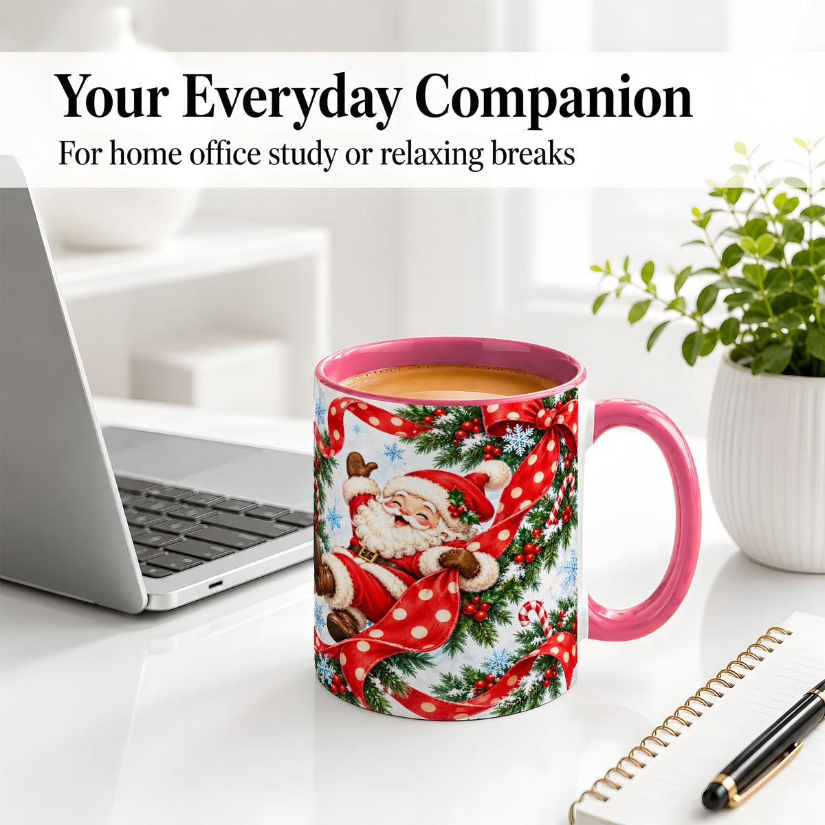 #pl[11oz|Pink] Jolly Santa Claus Accent Mug, Ceramic Cup with Red Polka Dot Bow
