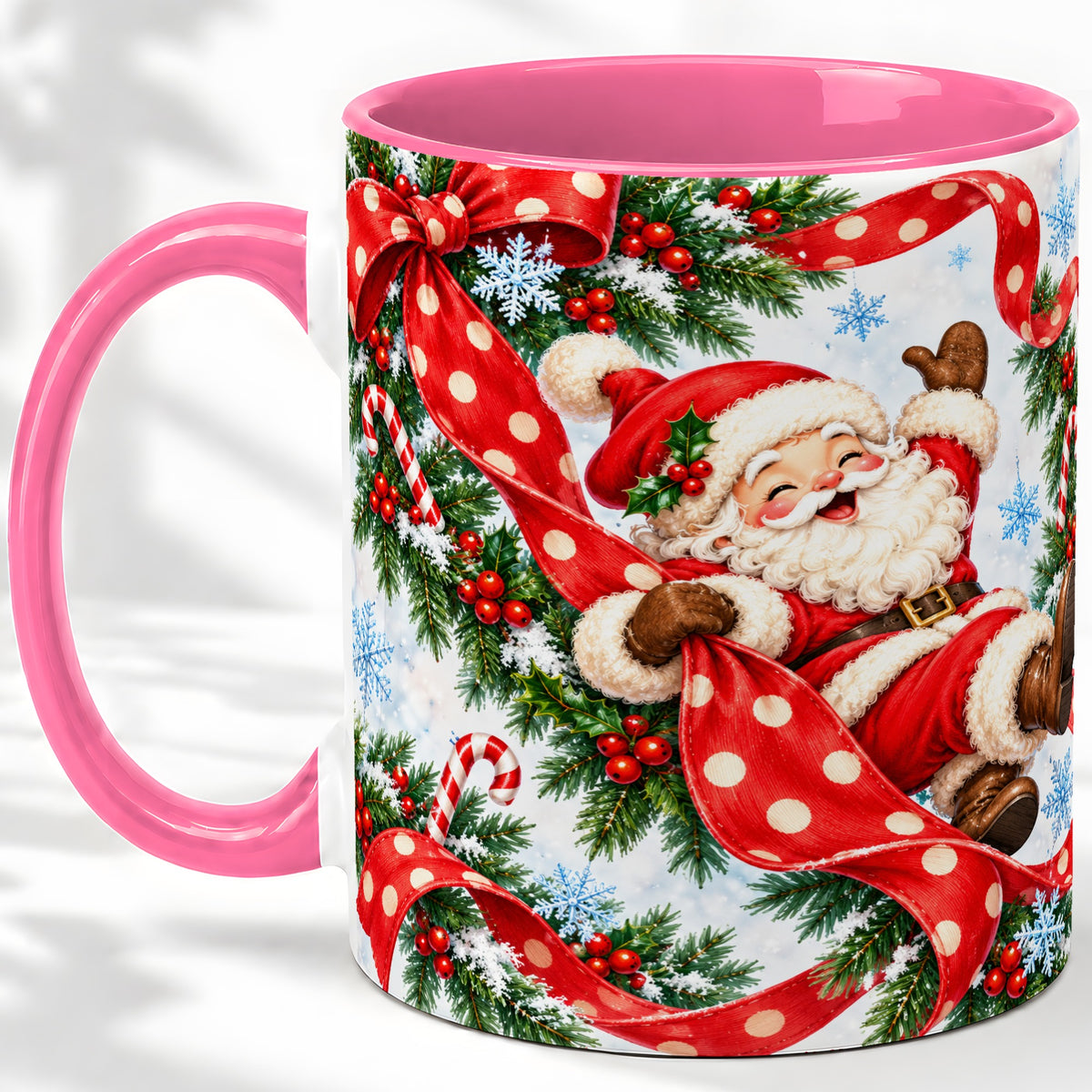 #pl[11oz|Pink] Jolly Santa Claus Accent Mug, Ceramic Cup with Red Polka Dot Bow