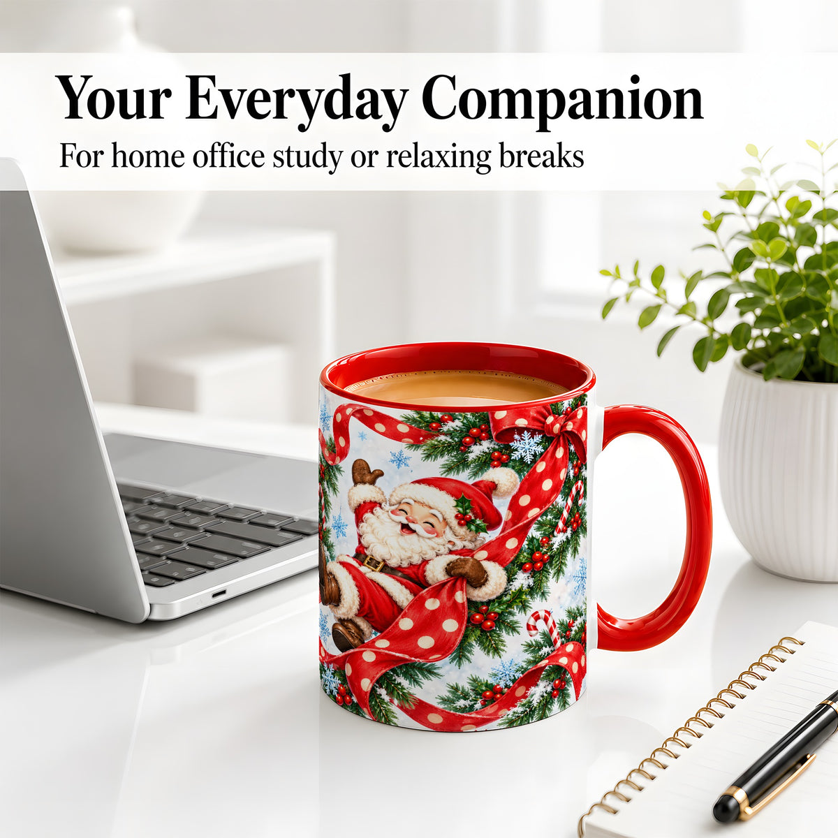 #pl[11oz|Red] Jolly Santa Claus Accent Mug, Ceramic Cup with Red Polka Dot Bow