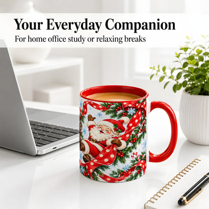 #pl[11oz|Red] Jolly Santa Claus Accent Mug, Ceramic Cup with Red Polka Dot Bow