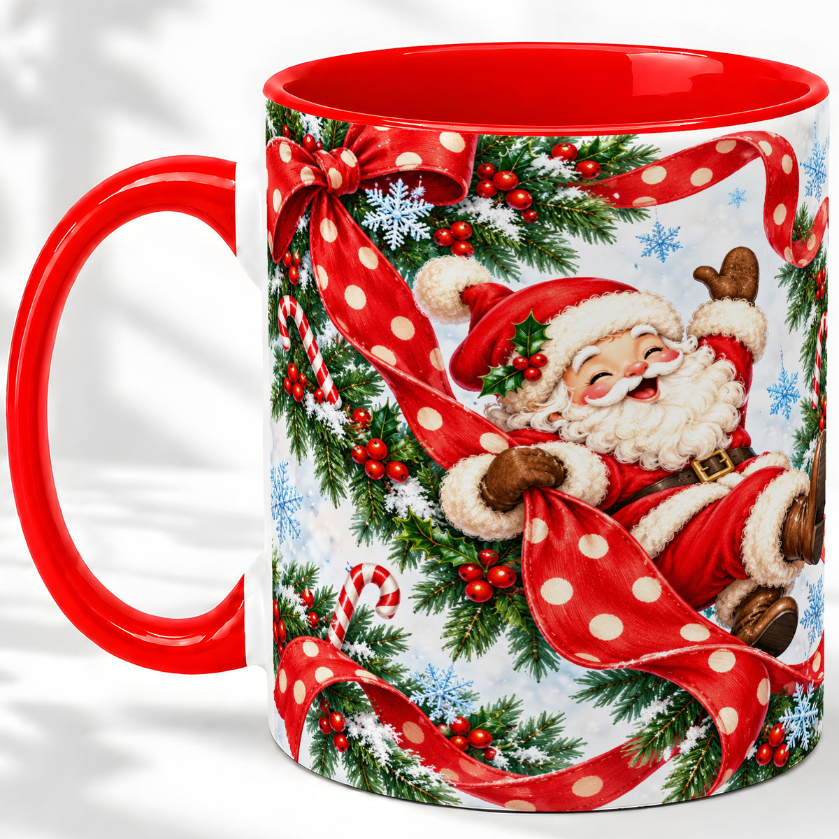Jolly Santa Claus Accent Mug, Ceramic Cup with Red Polka Dot Bow