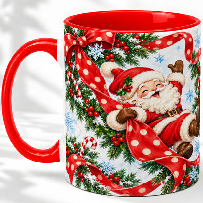 Jolly Santa Claus Accent Mug, Ceramic Cup with Red Polka Dot Bow