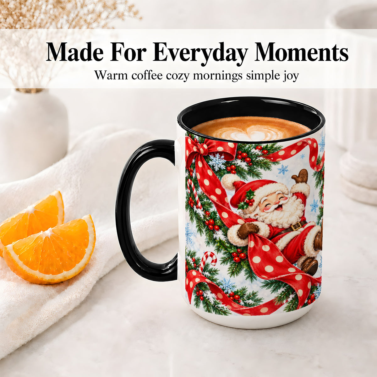 #pl[15oz|Black] Jolly Santa Claus Accent Mug, Ceramic Cup with Red Polka Dot Bow