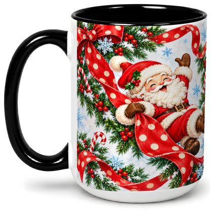 #pl[15oz|Black] Jolly Santa Claus Accent Mug, Ceramic Cup with Red Polka Dot Bow