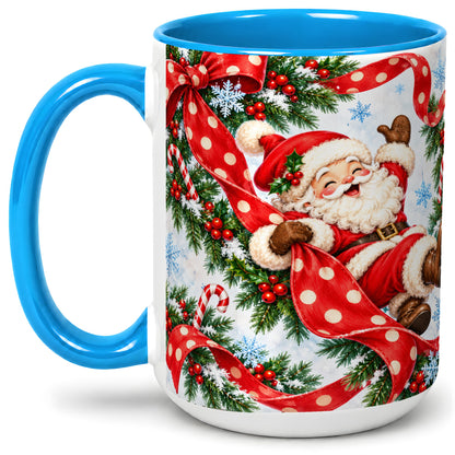 #pl[15oz|Blue] Jolly Santa Claus Accent Mug, Ceramic Cup with Red Polka Dot Bow