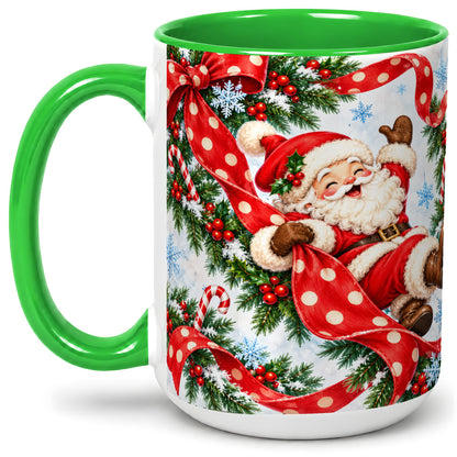 #pl[15oz|Green] Jolly Santa Claus Accent Mug, Ceramic Cup with Red Polka Dot Bow