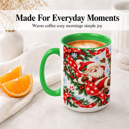 #pl[15oz|Green] Jolly Santa Claus Accent Mug, Ceramic Cup with Red Polka Dot Bow