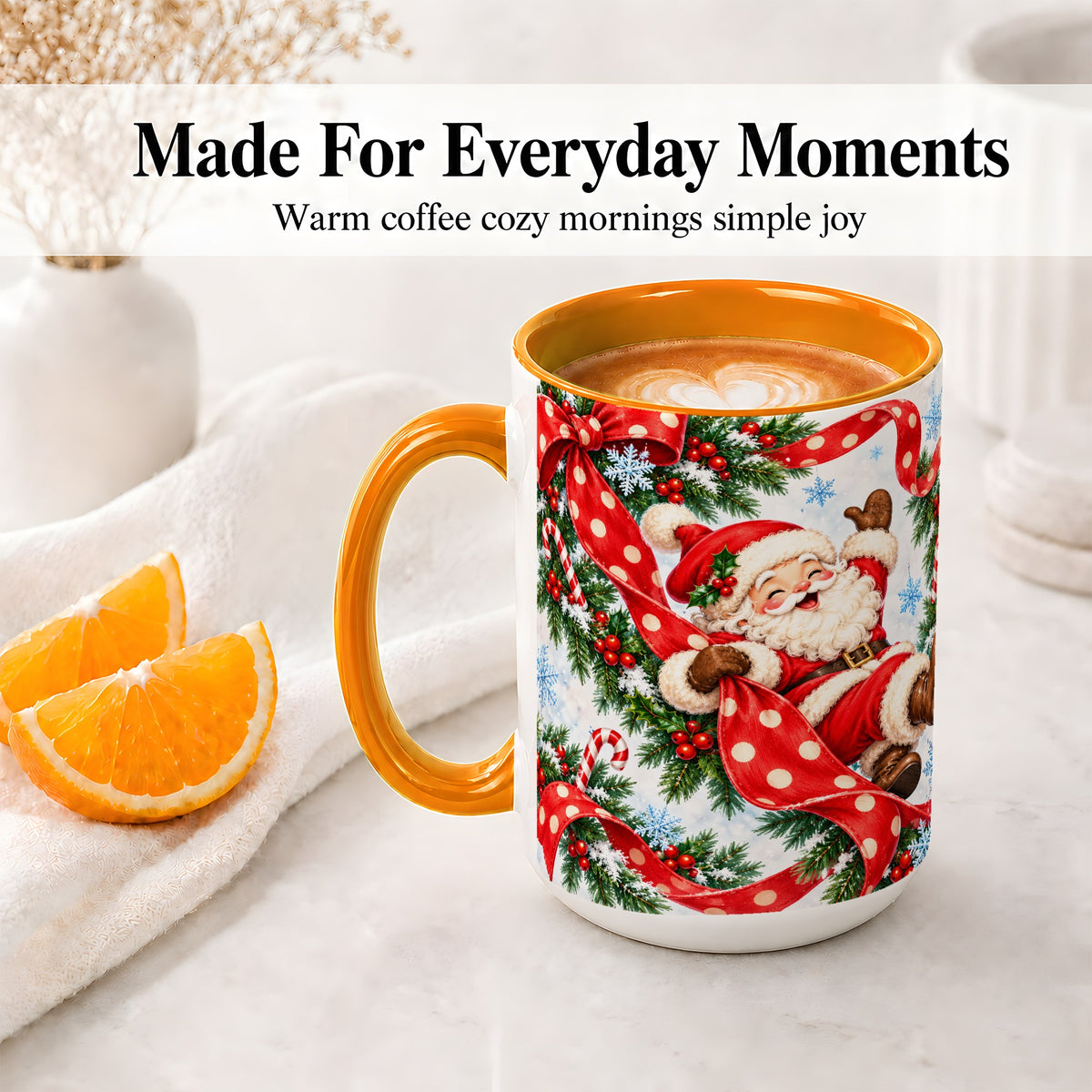 #pl[15oz|Orange] Jolly Santa Claus Accent Mug, Ceramic Cup with Red Polka Dot Bow