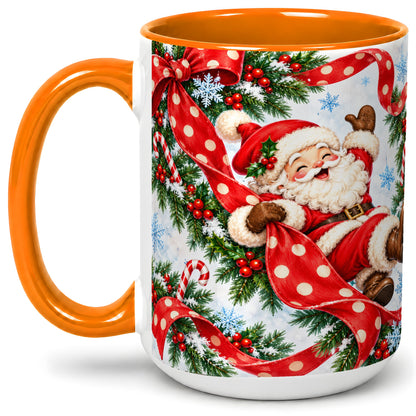 #pl[15oz|Orange] Jolly Santa Claus Accent Mug, Ceramic Cup with Red Polka Dot Bow