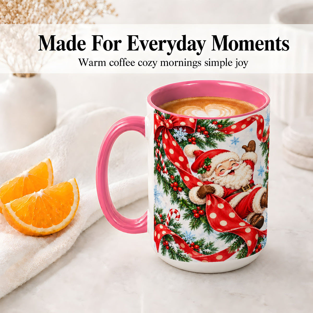 #pl[15oz|Pink] Jolly Santa Claus Accent Mug, Ceramic Cup with Red Polka Dot Bow