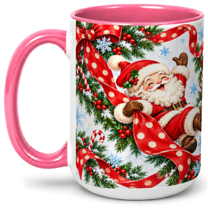 #pl[15oz|Pink] Jolly Santa Claus Accent Mug, Ceramic Cup with Red Polka Dot Bow