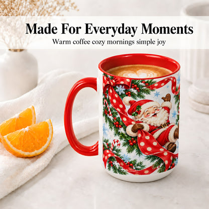 #pl[15oz|Red] Jolly Santa Claus Accent Mug, Ceramic Cup with Red Polka Dot Bow