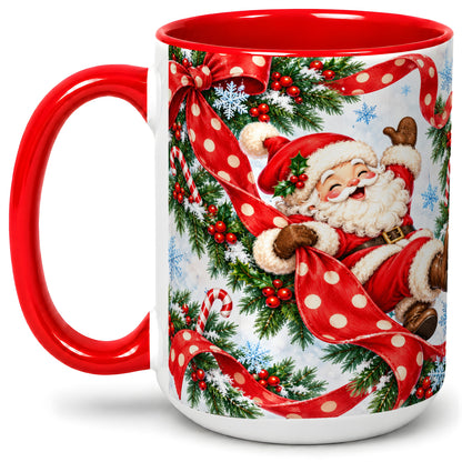 #pl[15oz|Red] Jolly Santa Claus Accent Mug, Ceramic Cup with Red Polka Dot Bow