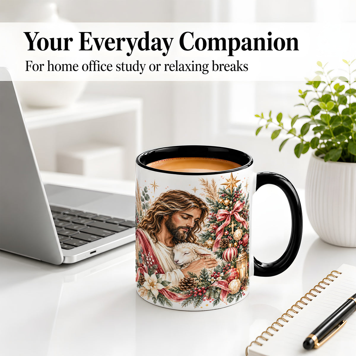 #pl[11oz|Black] Jesus Good Shepherd Accent Mug, Ceramic Cup with Christmas Lamb