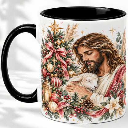 #pl[11oz|Black] Jesus Good Shepherd Accent Mug, Ceramic Cup with Christmas Lamb