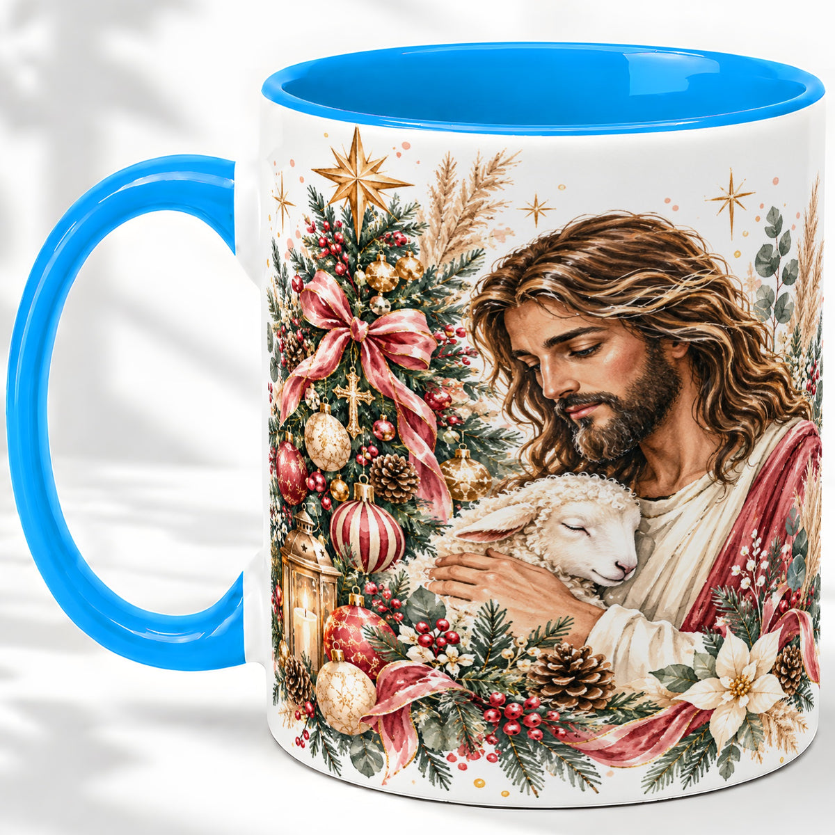 #pl[11oz|Blue] Jesus Good Shepherd Accent Mug, Ceramic Cup with Christmas Lamb