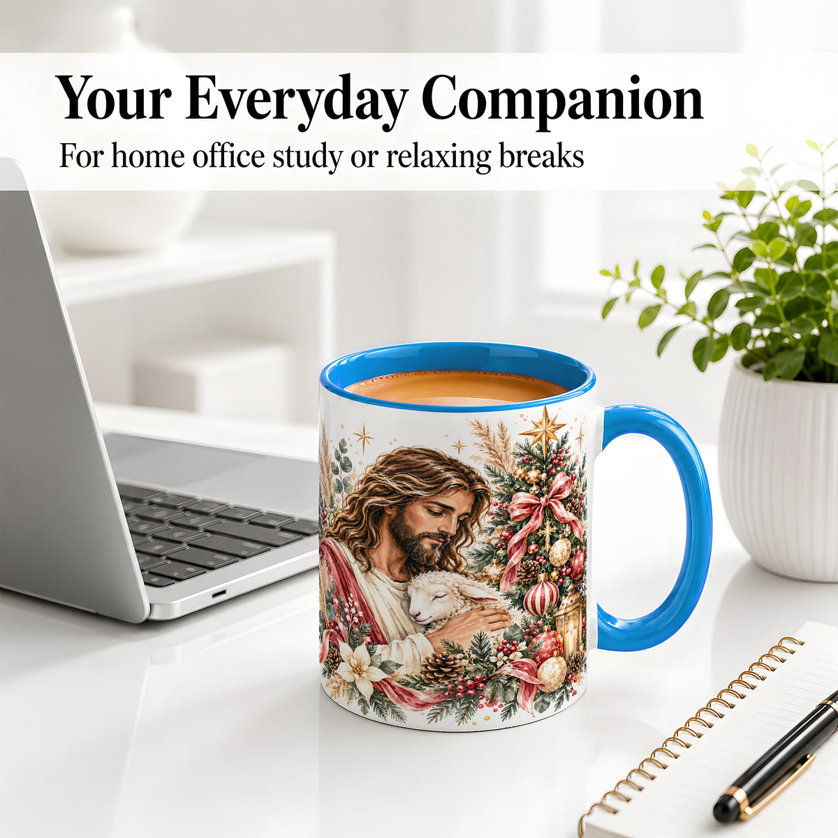 #pl[11oz|Blue] Jesus Good Shepherd Accent Mug, Ceramic Cup with Christmas Lamb