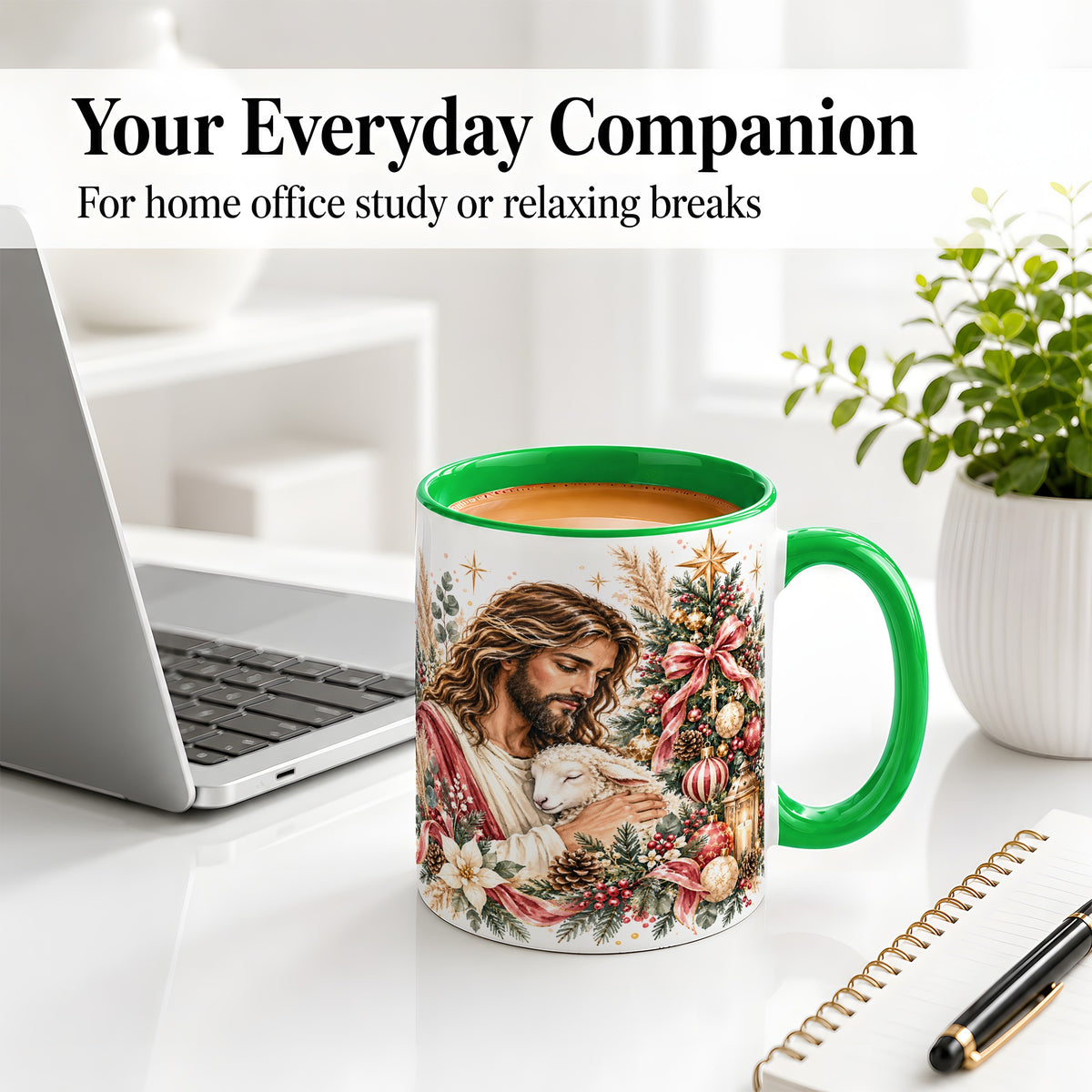 #pl[11oz|Green] Jesus Good Shepherd Accent Mug, Ceramic Cup with Christmas Lamb