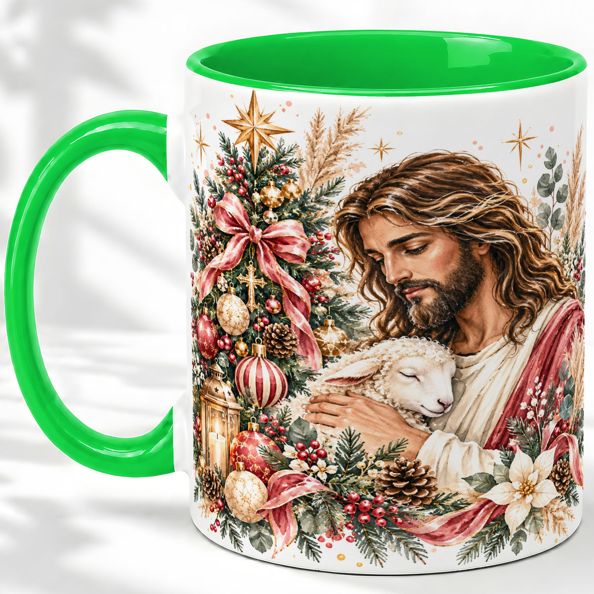 #pl[11oz|Green] Jesus Good Shepherd Accent Mug, Ceramic Cup with Christmas Lamb