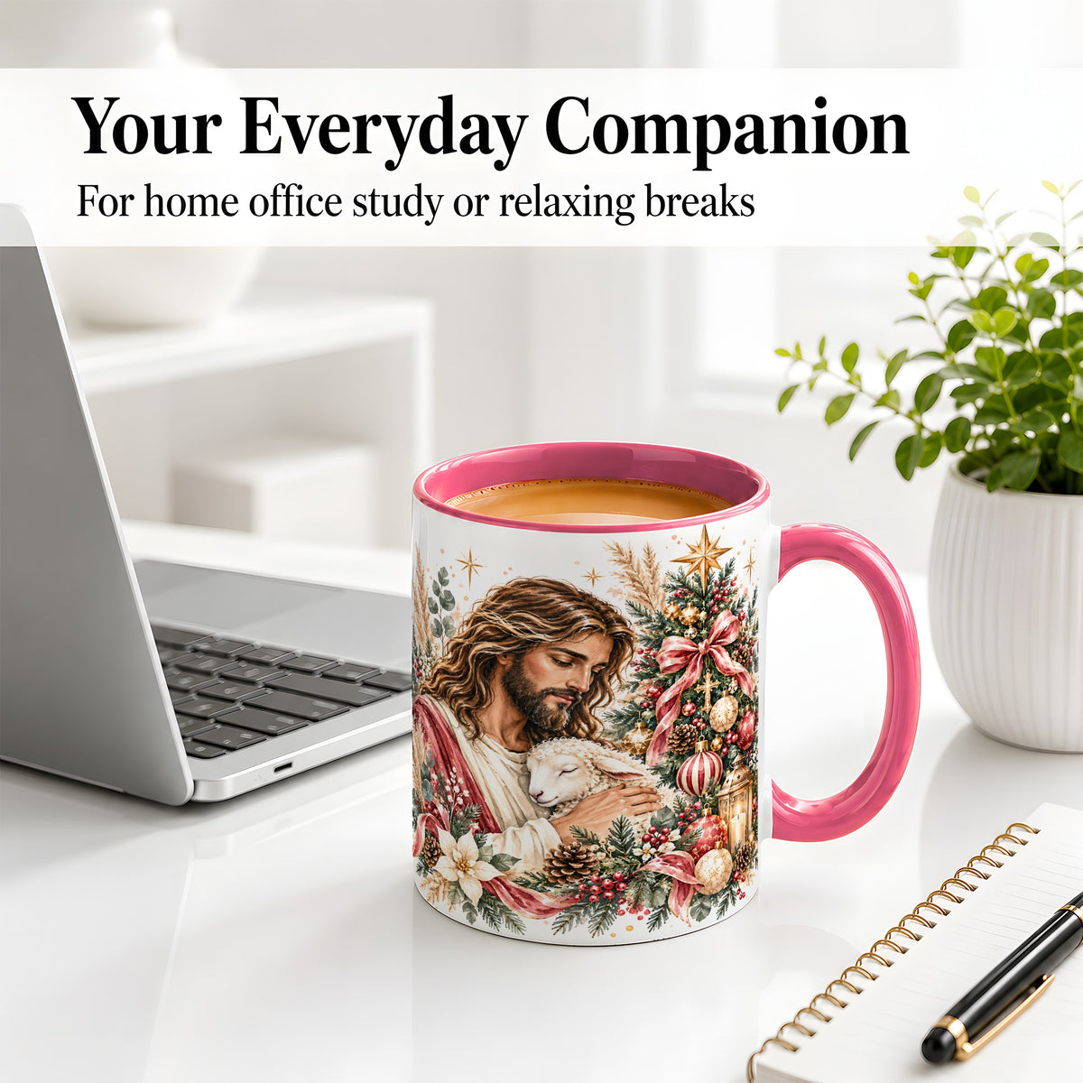 #pl[11oz|Pink] Jesus Good Shepherd Accent Mug, Ceramic Cup with Christmas Lamb