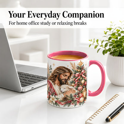 #pl[11oz|Pink] Jesus Good Shepherd Accent Mug, Ceramic Cup with Christmas Lamb