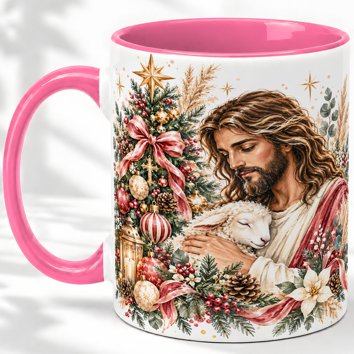 #pl[11oz|Pink] Jesus Good Shepherd Accent Mug, Ceramic Cup with Christmas Lamb