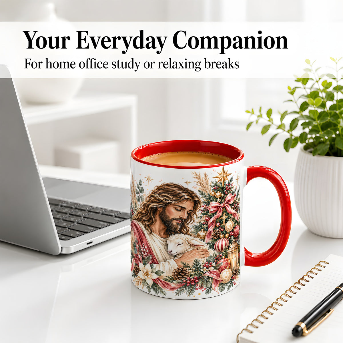 #pl[11oz|Red] Jesus Good Shepherd Accent Mug, Ceramic Cup with Christmas Lamb